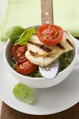 Grilled Haloumi with orzo, basil and tomatoes
