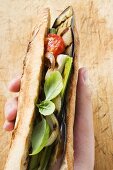 Hand holding grilled vegetables and basil in baguette