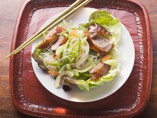 Lettuce with roast duck breast, vegetables, glass noodles (Asia)