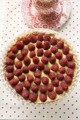 Raspberry tart with vanilla cream (overhead view)