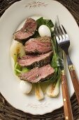 Beef steak, sliced, with roasted spring onions