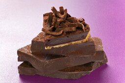 Stück Schokoladentorte auf Schokoladenstücken