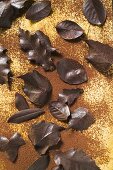 Several different chocolate leaves on cocoa powder (overhead)