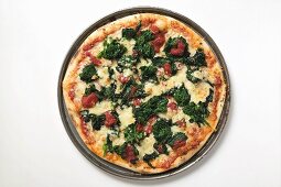 Whole spinach, tomato and cheese pizza on plate