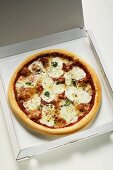 Pizza mit Mozzarellascheiben im Pizzakarton