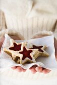 Hands holding jam biscuits on napkin