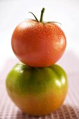 Tomate mit Wassertropfen auf grüner Tomate
