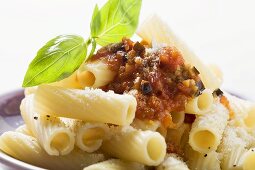 Rigatoni with tomato sauce, olives and Parmesan (close-up)