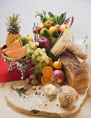 Fresh vegetables, fruit, butter, nuts and wholemeal bread