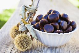 Chestnuts in white bowl on wooden table