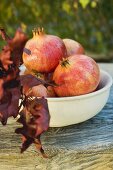 Pomegranates in bowl with autumn leaves
