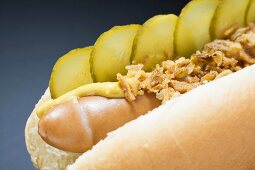 Hot Dog mit Essiggurken, Röstzwiebeln und Senf (Close Up)