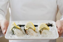 Person holding tray of king prawns on ice