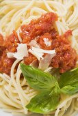 Spaghetti with tomato sauce, basil and Parmesan