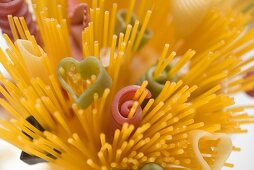 Spaghetti and coloured pasta