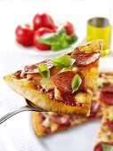 Slice of pepperoni pizza on server
