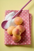 Aprikosen auf Geschirrtuch, Kochlöffel und Zucker