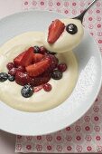 Vanilla cream with berries on spoon and plate