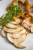 Fried cep slices and chanterelles with parsley