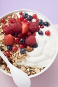Muesli with yoghurt and fresh berries (overhead view)