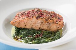 Spicy salmon fillet on spinach