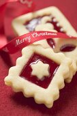 Three square jam biscuits for Christmas