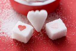 Sugar lumps, heart-shaped and with hearts