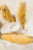 Grilled corn on the cob with salt in greaseproof paper
