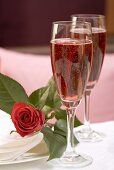 Two glasses of pink champagne, red rose beside them