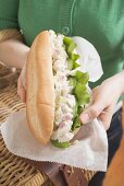 Frau hält Thunfisch-Sandwich und Picknickkorb