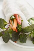 Rice paper roll filled with vegetables, glass noodles & herbs