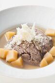 Boiled beef with horseradish in broth