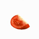 A tomato wedge with drops of water