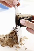 Black truffle being sliced, close-up