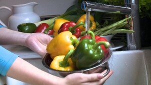 Washing peppers in a colander under running water