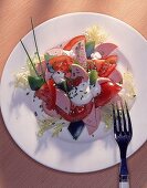 Trennkost (E): Wurst-Tomaten-Salat mit Paprika und Friséesalat.