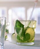 Maibowle-Glas mit fruchtigem Inhalt, Minze und Limone