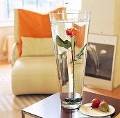 Eine Rose in einer hohen Glasvase ist effektvoll vom Wasser bedeckt