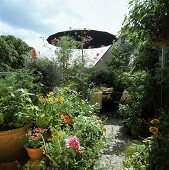 Sitzecke Gartenterasse, mit Sonnenschirm und Topfpflanzen