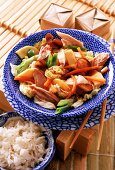 Chinesisches Chop-suey mit Hähnchen und Gemüse in einer Schale