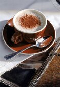 Cappuccino mit aufgeschäumter Milch und Kakaopulver