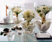 Frühlingshafte Blumenarrangements: weiße Annemonen u.Ranunkeln im Glas