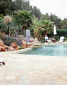 Pool umgeben von vielen Palmen, Brunnen