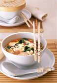 Asia-Ramen (Nudel)-Suppe mit Spinat und Schweinefilet
