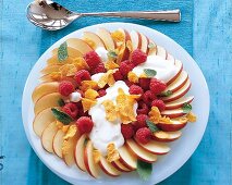 Obstnaschteller-Apfelscheiben, Himbeeren m.Cornflakes und Quark