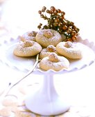 Close-up of macadamia chocolate cookies on stand for Christmas