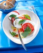 Insalata caprese salad with tomatoes and mozzarella on serving dish