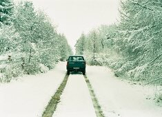 Wald, Pick-Up auf Waldweg im Schnee auf Gut Hohenhaus, Thüringen