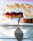 Currant cake with meringue topping on white plate