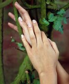 Close-up of woman's manicured hands with green branches and leaves